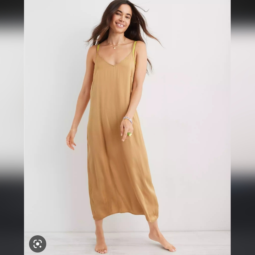 Aerie golden satin slip dress, size Small